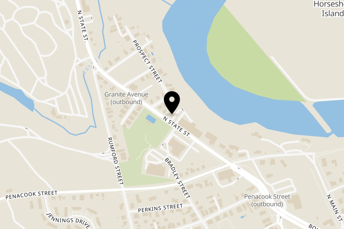 Map showing the location of Sabrin Pizza on 156 N State St in Concord